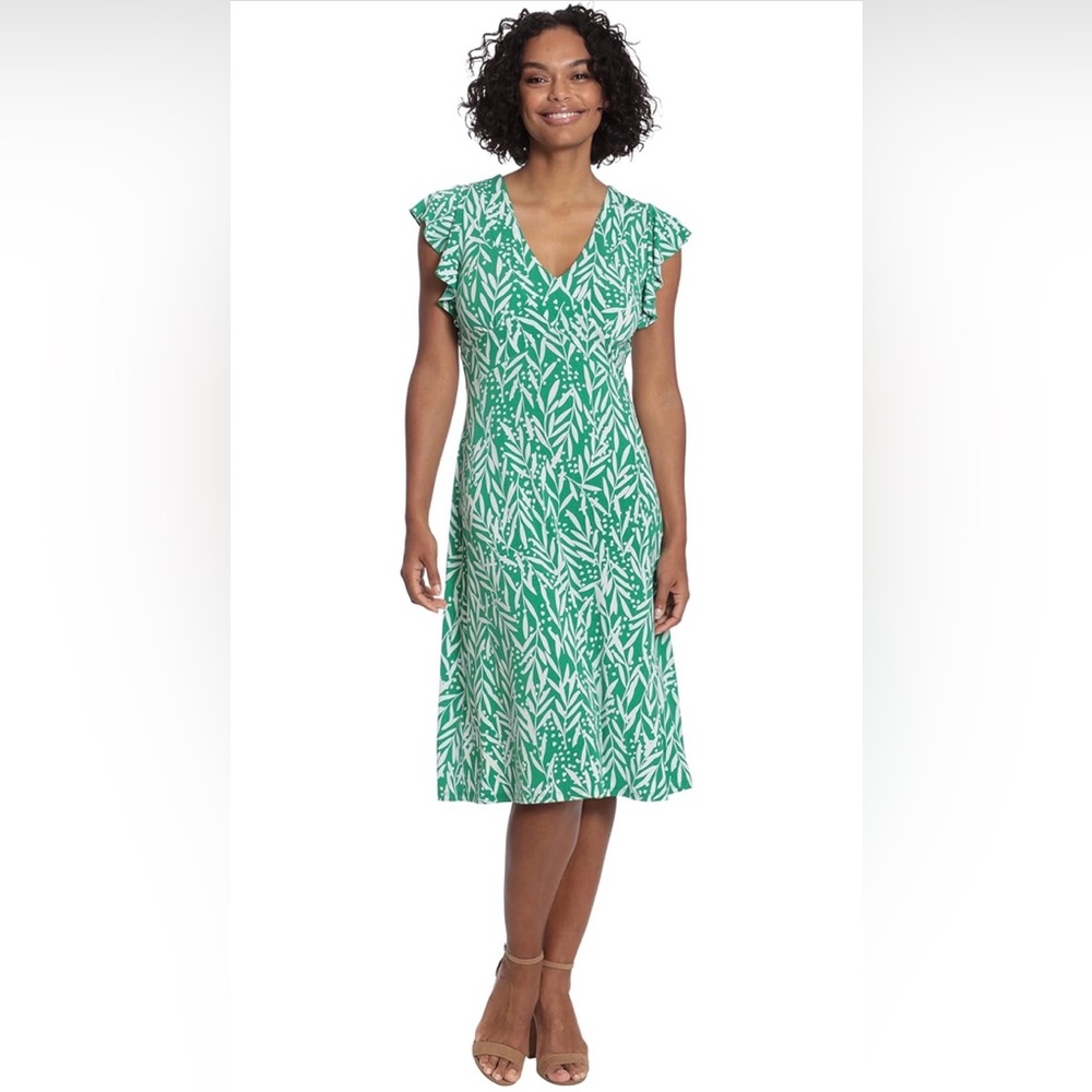 London Times Womens Leaf Print V-Neck Ruffle Sleeve Dress 4P